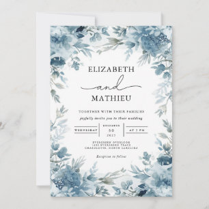 Serene Dusty Blue Botanical Floral Wedding Invitation