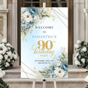 Serene dusty blue watercolor florals 90th birthday poster