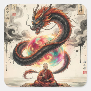 Serene Encounter: Monk and the Celestial Dragon Square Sticker