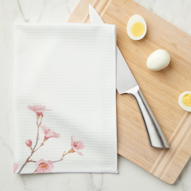 Serene Falling Cherry Blossom Soft Pink Minimalist Kitchen Towel (Quarter Fold)