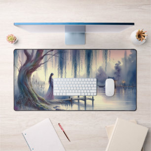 Serene Fantasy Lake with Willow and Heron Desk Mat
