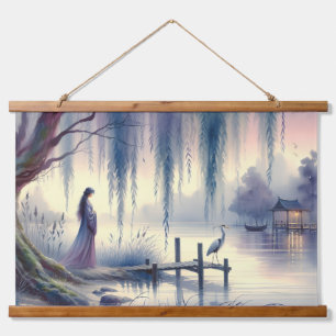 Serene Fantasy Lake with Willow and Heron Hanging Tapestry