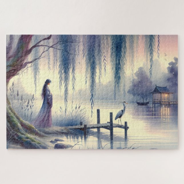 Serene Fantasy Lake with Willow and Heron Jigsaw Puzzle (Horizontal)