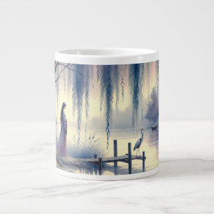 Serene Fantasy Lake with Willow and Heron Large Coffee Mug