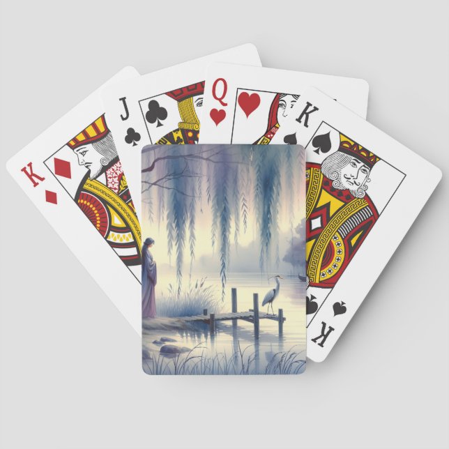 Serene Fantasy Lake with Willow and Heron Playing Cards (Back)