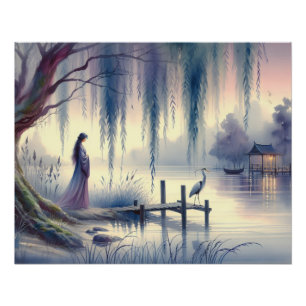 Serene Fantasy Lake with Willow and Heron Poster