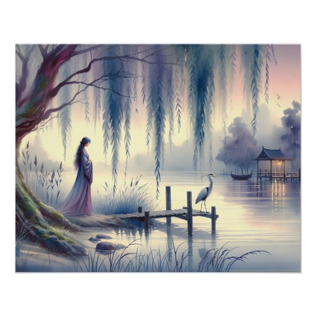 Serene Fantasy Lake with Willow and Heron Poster (Front)