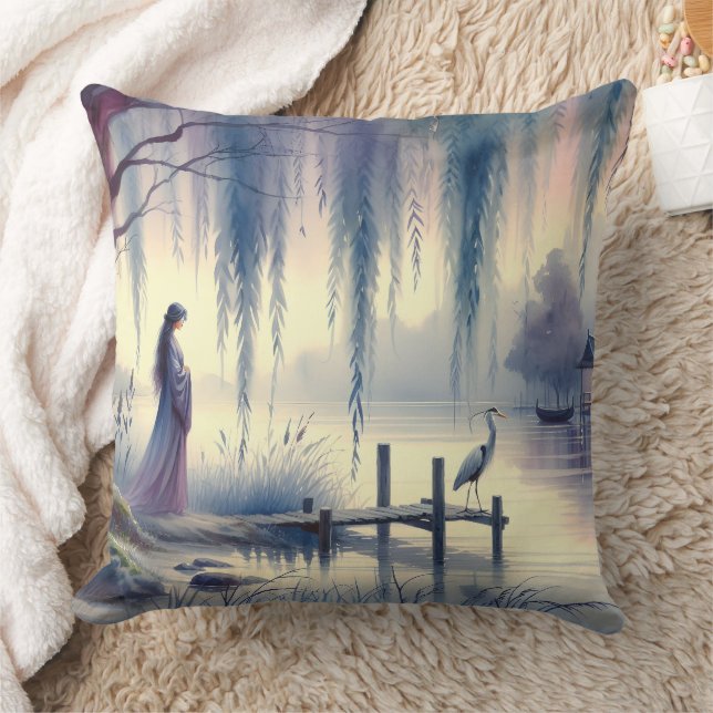Serene Fantasy Lake with Willow and Heron Throw Pillow (Blanket)