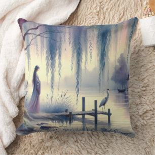 Serene Fantasy Lake with Willow and Heron Throw Pillow