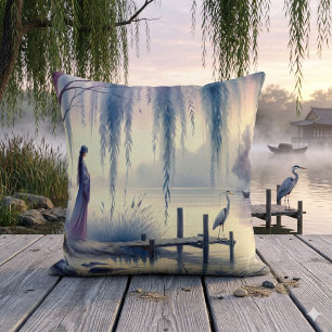 Serene Fantasy Lake with Willow and Heron Throw Pillow