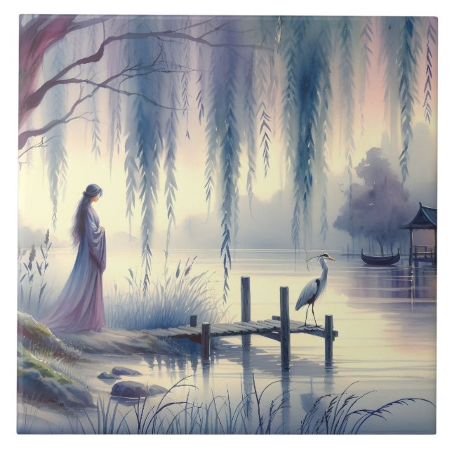 Serene Fantasy Lake with Willow and Heron Tile (Front)
