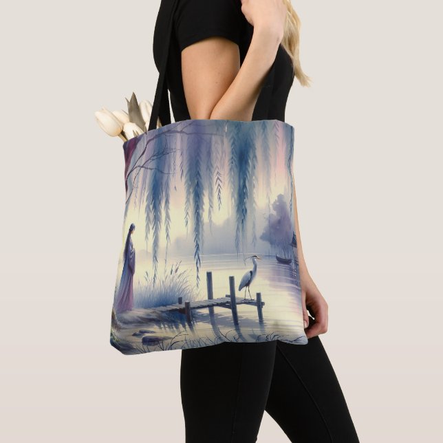Serene Fantasy Lake with Willow and Heron Tote Bag (Close Up)