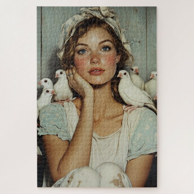 Serene Farm Maiden White Doves – Symbol of Peace Jigsaw Puzzle (Vertical)