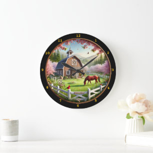 Serene Farmhouse Spring Landscape Large Clock