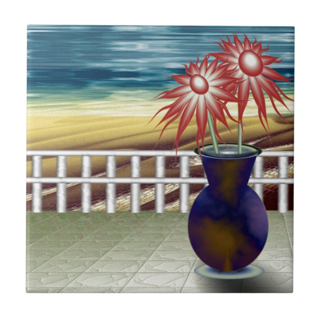 Serene flowers on a beach ceramic tile (Front)