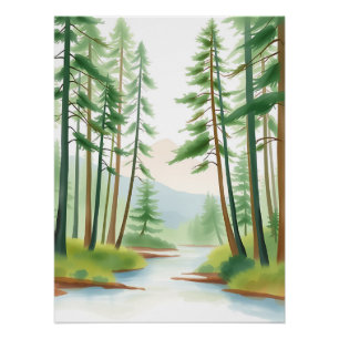 Serene Forest Landscape in Watercolor  Poster