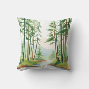Serene Forest Landscape in Watercolor  Throw Pillow