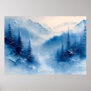 Serene Frosted Pines and Mountain Mist – Textured Poster