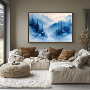 Serene Frosted Pines and Mountain Mist – Textured Poster