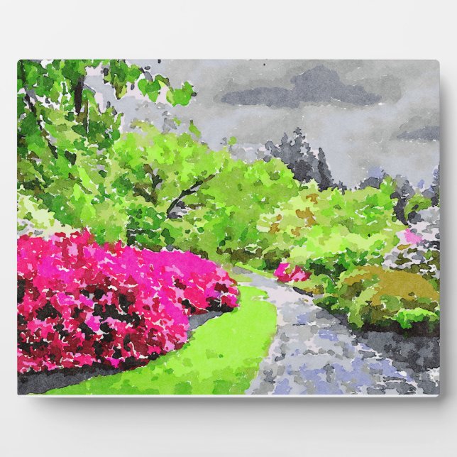 Serene garden path with vibrant pink flowers plaque (Front)