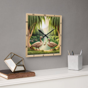 Serene Geese Rive Square Wall Clock