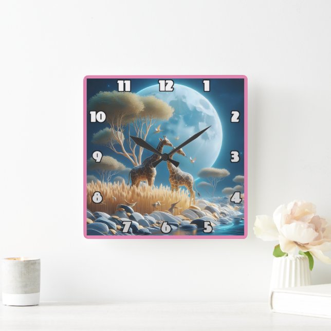 Serene giraffes under the moonlight in Africa Square Wall Clock (Home)