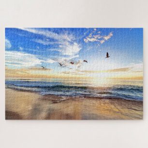 Serene Golden Ocean Sunrise Bird Puzzle