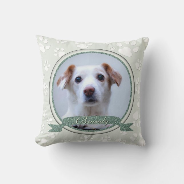 Serene Green Dog Memorial Paw Prints Throw Pillow (Front)