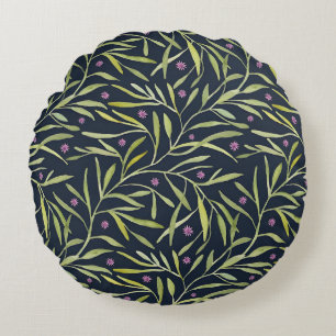 Serene Green Leafy Vines with Pink Flowers Round Pillow