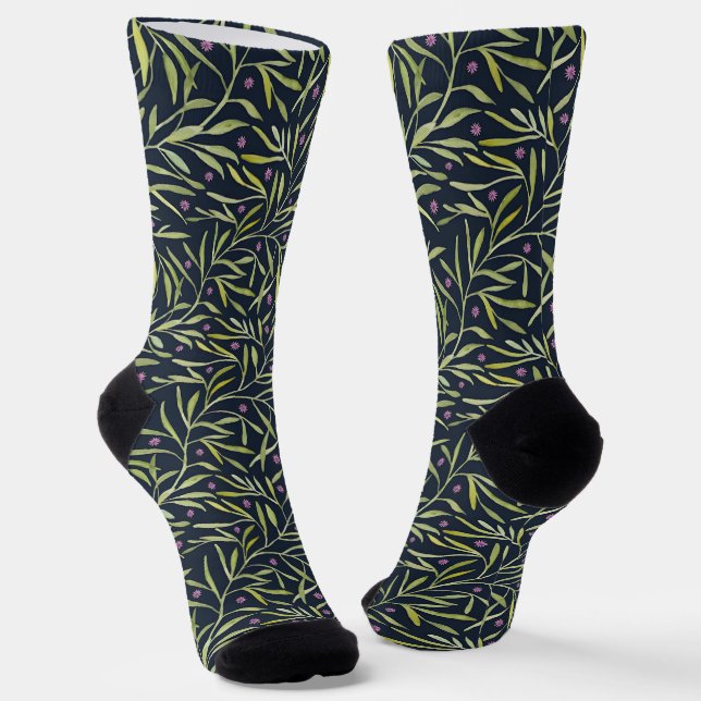 Serene Green Leafy Vines with Pink Flowers Socks (Angled)