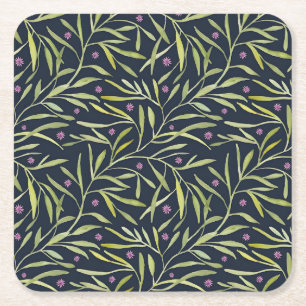 Serene Green Leafy Vines with Pink Flowers Square Paper Coaster