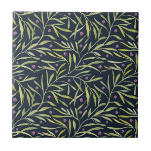 Serene Green Leafy Vines with Pink Flowers Tile