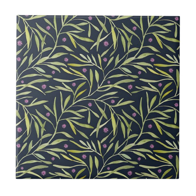 Serene Green Leafy Vines with Pink Flowers Tile (Front)