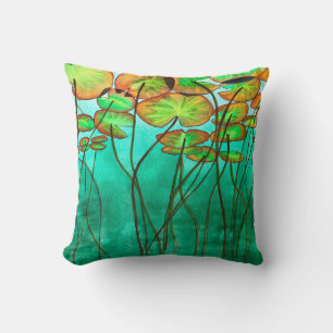 serene green pond with lilypads throw pillow
