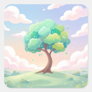 Serene Green Tree and Pastel Clouds Square Sticker