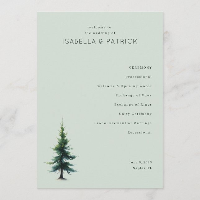 Serene Green Tree Wedding Ceremony Program (Front)