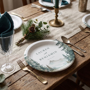 Serene Green Watercolor Mountain Landscape Paper Plate