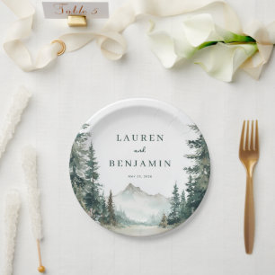 Serene Green Watercolor Mountain Landscape Paper Plate