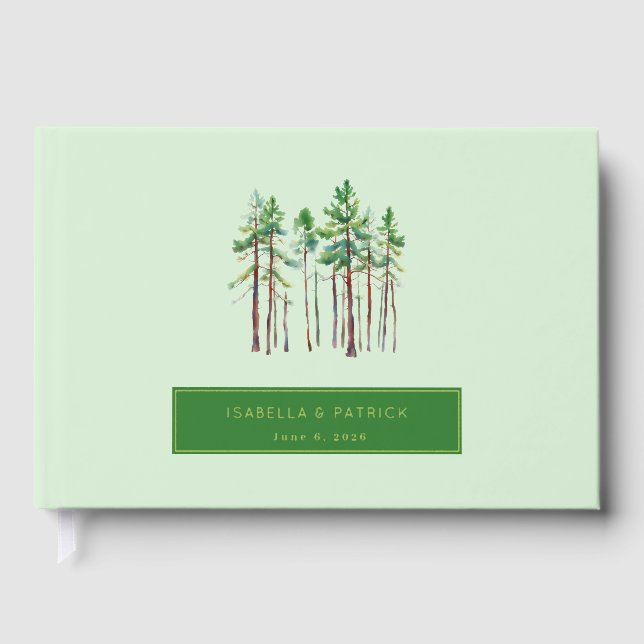 Serene Green Watercolor Pine Trees Guest Book (Front)