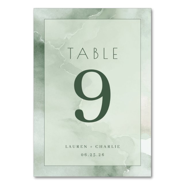 Serene Green Watercolor Table Number (Front)