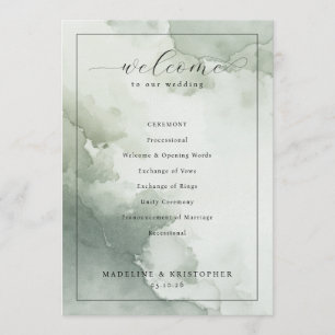 Serene Green Watercolor Wedding Ceremony Schedule Program