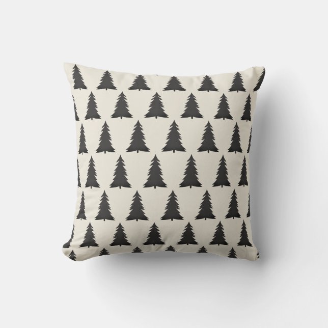 Serene Grey and Cream Winter Tree Pattern Throw Pillow (Front)