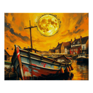 serene harbor at sunset poster