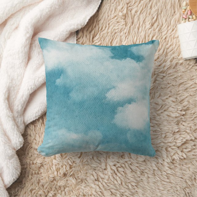 Serene Horizon Dreams Watercolor Blue & White Throw Pillow (Blanket)