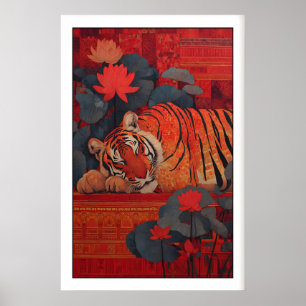 Serene Indian Tiger Print, Folk Art Style (Living Poster