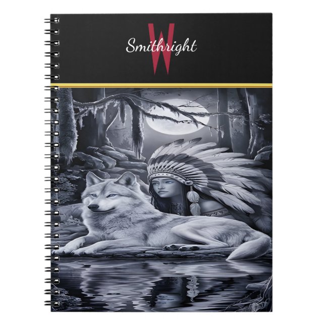 Serene Indian Woman With Wolf at Waters Edge Notebook (Front)