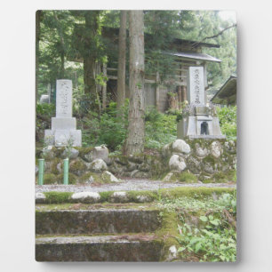 Serene Japanese Forest Shrine and Stone Memorial Plaque