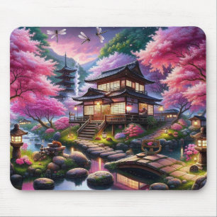 Serene Japanese Garden at Dusk Painting Mouse Pad