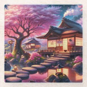 Serene Japanese Garden at Twilight Painting Glass Coaster