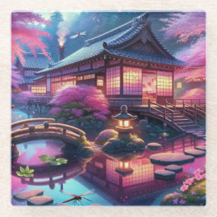 Serene Japanese Garden at Twilight Painting Glass Coaster